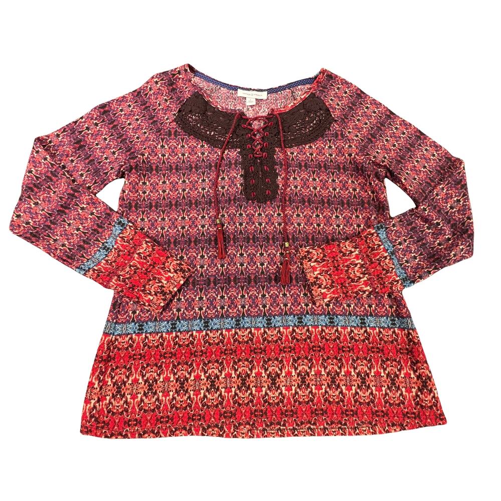 Vintage America Blues Lace Up Boho Top Large Tassel Folk Print Missy LARGE